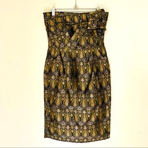 Naughty strapless brocade jacquard green gold pencil dress